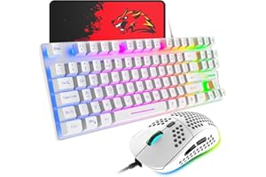 XINMENG Gaming Keyboard & Mouse 88 Keys Rainbow Backlit USB Mechanical feel Ergonomic Keyboard + RGB 6400DPI Ultra-Light Honeycomb Shell Gaming Mouse,for PS4,PS5,Xbox,PC,Laptop,MAC, QWERTY UK Layout, White