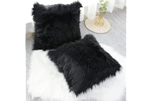 OYIMUA Black 18 x 18 Inches Cushion Covers Pack of 2 Fluffy Soft Faux Fur Square Pillowcases, Luxury Home Decorative Super Soft Plush Pillow Covers Case 45cm x 45cm for Sofa Bed Living Room