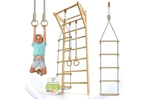 ‎JUSKYS Juskys Sprossenwand für Kinder - mit Klimmzugstange, Indoor Klettergerüst mit Turnringen und Strickleiter, Kletterwand fürs Kinderzimmer, Turnstange
