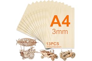 KIMIGO 13 Pezzi Compensato 3mm,Fogli di Tiglio A4,300x210(+/- 2) mm,Legno di Balsa,Tavole di Legno Artigianali,Pannelli per Artigianato,Pirografo per Legnos,Modellismo,Taglio Laser,Decorazione,Pittura