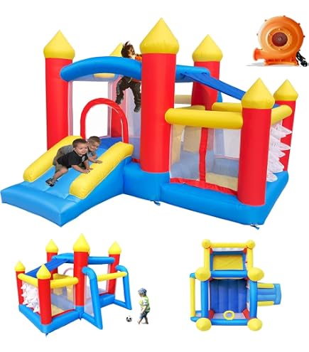 GOPLUS Château Structure Gonflable avec Toboggan,Zone de Saut,Piscine à GOPLUS Château Structure Gonflable avec Toboggan,Zone de Saut,Piscine à