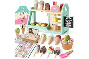 Atoylink Gelateria Giocattolo per Bambini, 32 PEZZI Giocattoli in Legno Carretto Gelati Giocattolo, Giochi Montessori, Regali Compleanno Natale per Bambini 3 4 5 6 Anni