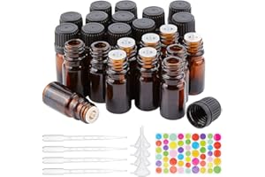 BENECREAT 24 Pack 5ml Flacone in Vetro Ambrato con Bottiglia di Olio Essenziale Vuota Orifizio Ricaricabile con Contagocce, Tramogge ed Etichette per Il Trucco dei Cosmetici di Aromaterapia