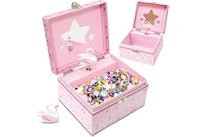 DWIYITTN Musical Jewellery Box for Girls - Pink Swan with Star Mirror & Butterfly | Princess Music Box & Keepsake Gift for Kids, Children Age 3-8 | 15x13x9cm (No Jewellery)