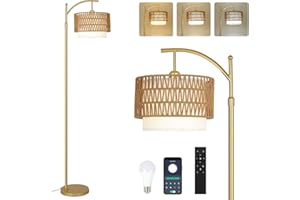 Rayofly Gold Lampes de Salon à Luminaires Variables, Lampes de Salon en Rotin avec Télécommande, Contrôle App, Lampadaire Boho avec Pédale & Ampoule LED, Lampadaire pour Chambre, Bureau