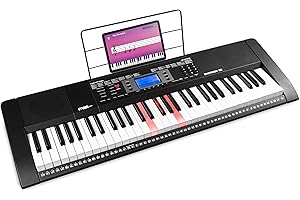 MAX Rhapsody61L Piano electrónico 61 teclas iluminadas - 600 sonidos y ritmos, pantalla LCD, función de aprendizaje, altavoces, MIDI, toma de auriculares - Perfecto para principiantes y profesionales