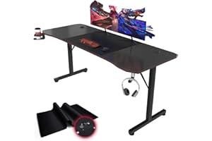 Devoko Bureau Gaming 180 x 60cm, Grande Surface de Table Gaming Ergonomique,Stable Bureau Gamer en Forme de T avec Rangement pour Câbles, Crochet pour Casque, Porte-Gobelet et Tapis de Souris