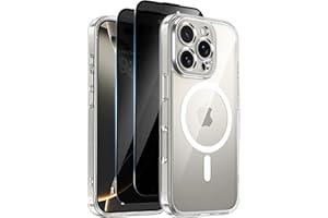 HEISSITOT Helssitot Coque Magnétique pour iPhone 16 Pro avec 2 Verre Trempé Anti-Espion Compatible avec MagSafe Militaire Étui Housse Antichoc Bumper Militaire 6,3 Pouces-Transparente