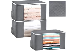 Simpolor 3 Stück Faltbare Aufbewahrungstasche 60 x 40 x 35 cm Große Durchsichtige Fenster Tragegriffe Unterbett Ideal für Bettdecken Decken Kissen Plüschtiere Jacken Kleidung Grau