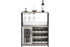 Aptliton Wine Cabinet with Removable Wine Rack, 3-Tier Bar Cabinet with Baffle Door & Glass Holders, Industrial Kitchen Buffet Sideboard for Dining Room, 69x35x92 Cm, Grey