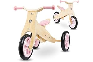 HyperMotion Triciclo in Legno 2 in 1 Percy per Bambini 18+ Mesi | Bicicletta Regolabile per Ragazzi e Ragazze dai 2 Anni - Colore Rosa
