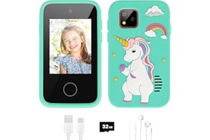 GOOPOOL - Smartphone para niños, reproductor de MP3, doble cámara, despertador, juguete de aprendizaje, 3-6 años, regalo de cumpleaños, Navidad, con tarjeta SD (unicornio - verde)