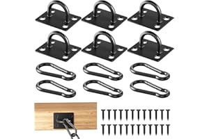 YAOSHENGUP 6 PCS Black Eye Plate with 6 Carabiners & 24 Screws, Cold-rolled Steel Pad Eye Plate Heavy Duty, Pad Eye Plate Suspension Ceiling Hook for Hanging Basket Planters, Roof Beam, Ceiling Fan, Shade Sail