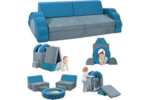 Lischwert Sofá para niños, Sofá de Juego para niños Bloques de construcción de Espuma, Muebles Suaves para niños Sofá para niños y niñas Inteligencia de Desarrollo (Azul + gris-10pcs)