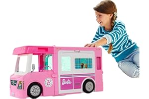 Barbie Caravana DreamCamper 3 en 1, Aprox. 1m; Autocaravana transformable con Piscina, camioneta, Barca y 50 Accesorios; para niñas y niños + 3 años, GHL93