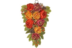 Oairse 23.6" Fall Teardrop Swag with Peonies Artificial Hanging Floral Arrangement with Berries & Leaves Realistic Autumn Teardrop Wreath for Harvest Thanksgiving Front Door Wall Fireplace