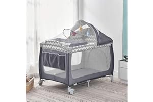 URKITD Baby Travel Cot with Mattress 114 x 77cm, 2 in 1 Foldable Baby Crib and Playpen (Birth to 3Y), Portable Infant Nursery Center Playard with Changing Table, Mosquito Net, Wheels, Carry Bag, Grey-White