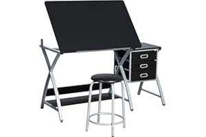 costoffs Adjustable Drawing Table Artist Table Desk Painting Desk w/Tiltable Tabletop, PU Stool, 3 Storage Drawers, Black+Silver