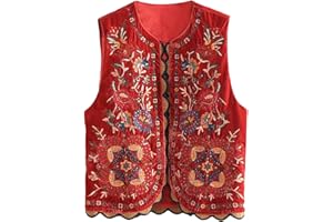 YILEEGOO Women Vintage Boho Floral Embroidered Gilets Sleeveless Crop Cardigan Tops Open Front Vest Outwear Jackets