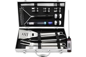 JUAUO 20Pcs Kit Utensilios Barbacoa Accesorios de Acero Inoxidable Profesional - Set Barbacoa para Grill Herramientas Cocina con Caja Portatil - Regalo Hombres Camping Picnic y Actividades al Aire Libre