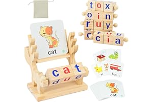 twirush Wooden Spelling Games - Short Vowel Blocks for Kids Sight Words Montessori Spinning Alphabet Learning Toy Spelling Toys & Sets Spelling Games for 3-6 Year Olds Boys Girls Flash Cards Learning