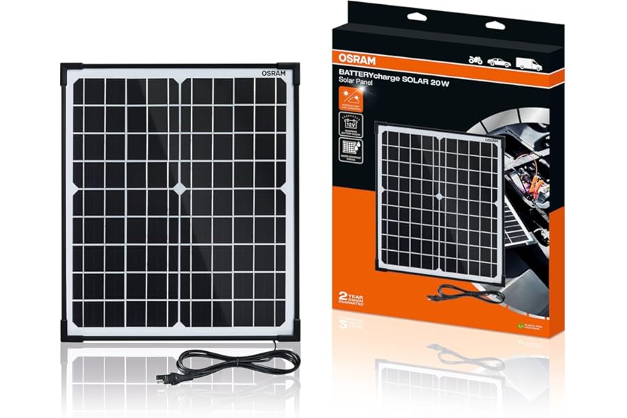 OSRAM BATTERYcharge SOLAR 20W, Solar battery maintainer, 12V battery charging, waterproof solar panel, polarity protection