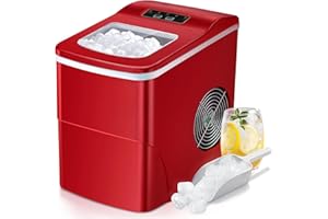 RWFlame Ice Maker Machine, Ice Maker Counter Top Make 15kg ice in 24 Hrs, Ice Cubes Ready in 6 Mins, Ice Maker Self-cleaning with Ice Scoop & Basket, Ice Cube Maker for Home/Office/Bar (Red）