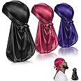 3PCS Silky durags Cap Set with Long Tail - Breathable Headwrap for 360 Waves & Hair Protection - Fashionable Do Rag for Men & Women, Ideal for Sports & Sleep(Black,Blue,Rose Red)