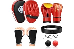 ‎NZQXJXZ NZQXJXZ 4-in-1 Boxhandschuhe und Pratzen Set für Kinder und Jugendliche, Boxausrüstungsset mit Kinder-Boxhandschuhe, Gebogene Handpratzen, Reflexball und Handbandagen für Boxtraining, MMA, Muay Thai