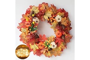 JIAJIAYI 45cm Künstliche Kürbisse Kranz,Künstlicher Herbst Kranz Ahornblatt Kranz mit Haustür Dekoration Kranz mit Ahornblätter Kürbis Bunte Beeren für Halloween Thanksgiving Weihnachten Wandschmuck