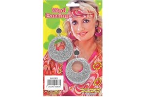 LABREEZE Mod Glitter Earrings Ladies Girls Hippy Retro 1960’s Fancy Dress Accessory (Silver)