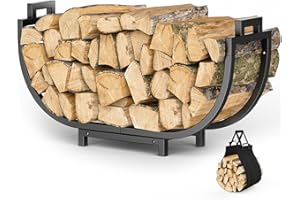 Mutool U-shaped Firewood Rack with Canvas Carrier, Metal Firewood Log Holder for Indoor Outdoor, Heavy Duty Wood Basket for Fireplace Wood Storage, Black