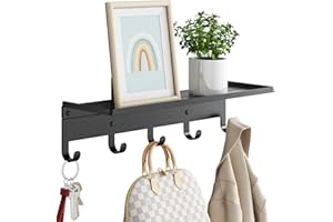 Bethom Coat Hooks Wall Mounted with Shelf, Metal Wall Coat Racks Entryway Coat Hanger with 5 Hooks for Hall & Entryway & Bathroom for Coats, Scarves, Bags, W17 x H4 x D4.7 in