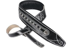 YUEKO Gitarrengurt aus Rindsleder, verstellbar, genarbtes Leder, gepolsterter Schultergurt für Akustik-, E-Gitarre, Bass, Schwarze, silberfarbene Nieten, 128~143cm