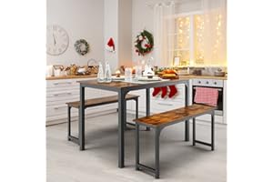 GIANTEX Esstisch mit 2 Bänken, 3er-Set Essgruppe Esszimmergruppe, Küchentisch 70x110x75 cm, Esszimmer Tisch Set für 4 Personen, Esszimmer Sitzgruppe aus Holz & Metallrahmen (Vintagebraun)