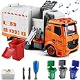 Flanney Garbage Truck Toys for Boys, Friction Powered Waste Management Recycling Truck Toy Set with 4 Trash Cans, Toy Vehicles with Light and Sound, Gifts for 3-12 Years Old Toddlers