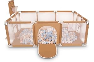 Selonis Kojec dla niemowląt, duży plac zabaw ze 100 piłkami, kojec dla dzieci, beżowy: pastelowy beżowy/pastelowy niebieski/biały