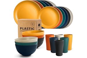 Teivio 24-Piece Kitchen Plastic Dinner Set, Service for 6, Dinner Plates, Dessert Plates, Cereal Bowls, Cups, Unbreakable Plastic Plates and Bowls Set, Outdoor Camping Dishes, Autumn Multicolor