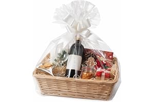 H-line Make Your Own Hamper Kit - Large Rectangle Wicker Basket Cellophane Wood Shred Bow Set (Natural) - Ideal for Christmas/Easter/Newborn Gift Hamper