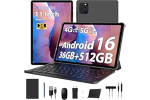RUSHAR Tablet 11 Pulgadas Android 16 con 36GB RAM+512GB ROM (2TB TF), 4G LTE & 5G WiFi, Octa-Core 2.0GHz, 8000mAh, 13MP+8MP, Widevine L1,Gemini AI, GPS, BT 5.0, Tablet con Teclado, Negro
