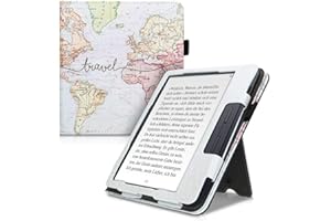 kwmobile Custodia Compatibile con Kobo Libra H2O - Case Custodia Ecopelle Cover con Chiusura Magnetica Autosleep Leggio Cinturino Portatessere - Mappa del Mondo Nero/Multicolore