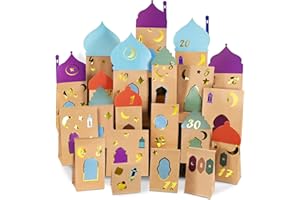 WELLCHY Calendrier de l'Avent Ramadan, Calendrier Ramadan DIY avec 30 Sacs Papier Kraft et Autocollants, Décorations Eid Mubarak Ramadan, Calendrier de l'Avent à Remplir Enfant pour Cadeau Ramadan