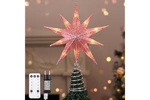 Lewondr Estrella para Árbol de Navidad, 13" Estrella Navideña de 10 Puntas Iluminada con Enchufe y Control Remoto para Decoración Navideña, Temporizador 6H y 8 Modos Iluminación, Luz Cálida, Rosa