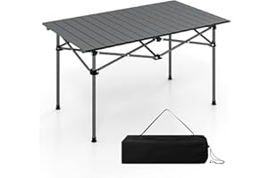 TANGZON Aluminum Folding Camping Table, Portable Picnic Table with Roll Up Tabletop & Carry Bag, 4-6 People Outdoor Dining Table for Garden Beach Hiking BBQ Parties (without Mesh Basket, Black)