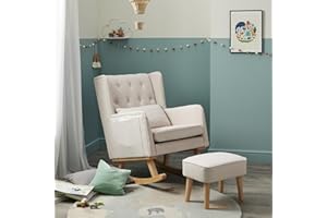 Babymore Pure Comfort Lux Nursing Chair with Footstool - Gentle Rocking Chair, Convertible Wing Chair having Storage Pockets with Chic Fabric & High-Density Padding Included Lumbar Cushion (Cream)