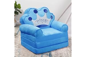 BYBYME Kids Fold Out Chair Bed - 2 in 1 Foldable Infant Toddler Chair Lounger for 1-3 Year Old Children - 3 Folding Sofa Bed Cute Couch Armchair for Playroom Bedroom (Prince Crown)