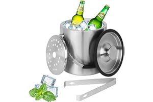 ACOMTUO 2 L Eisbehälter, Eisbehälter aus Edelstahl 2 L, Edelstahl-Eiskübel, doppelwandig, doppelwandiger isolierter Eisbehälter für Eiswürfel, ideal zum Kühlen von Bier, Champagner, Wein und Obst