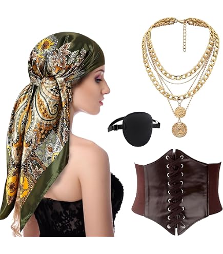 Costume Pirate Femme Sensuelle - 4 Pièces : Corset, Bandana, Cache-Œil 3D Et Collier Doré Vintage - Idéal Halloween, Carnaval Ou Soirée Déguisée