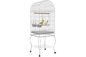 PawHut Jaula de Pájaros con Ruedas Jaula de Aves Exterior con Bandeja Extraíble Rejilla 2 Cuencos de Acero Inoxidable Estante y Percha para Periquitos 51x51x153 cm Blanco