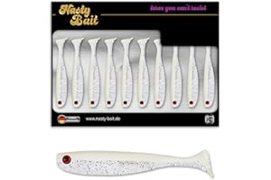 ‎NASTY BAIT Nasty Bait Gummifisch | 6,8 cm - 12,5 cm| Gummiköder| Kunstköder| Zanderköder, Hechtköder, Barschköder| UV aktive Modelle| flankende Aktion| 3D Augen|8 Farben | Aussparungen für Offsethaken